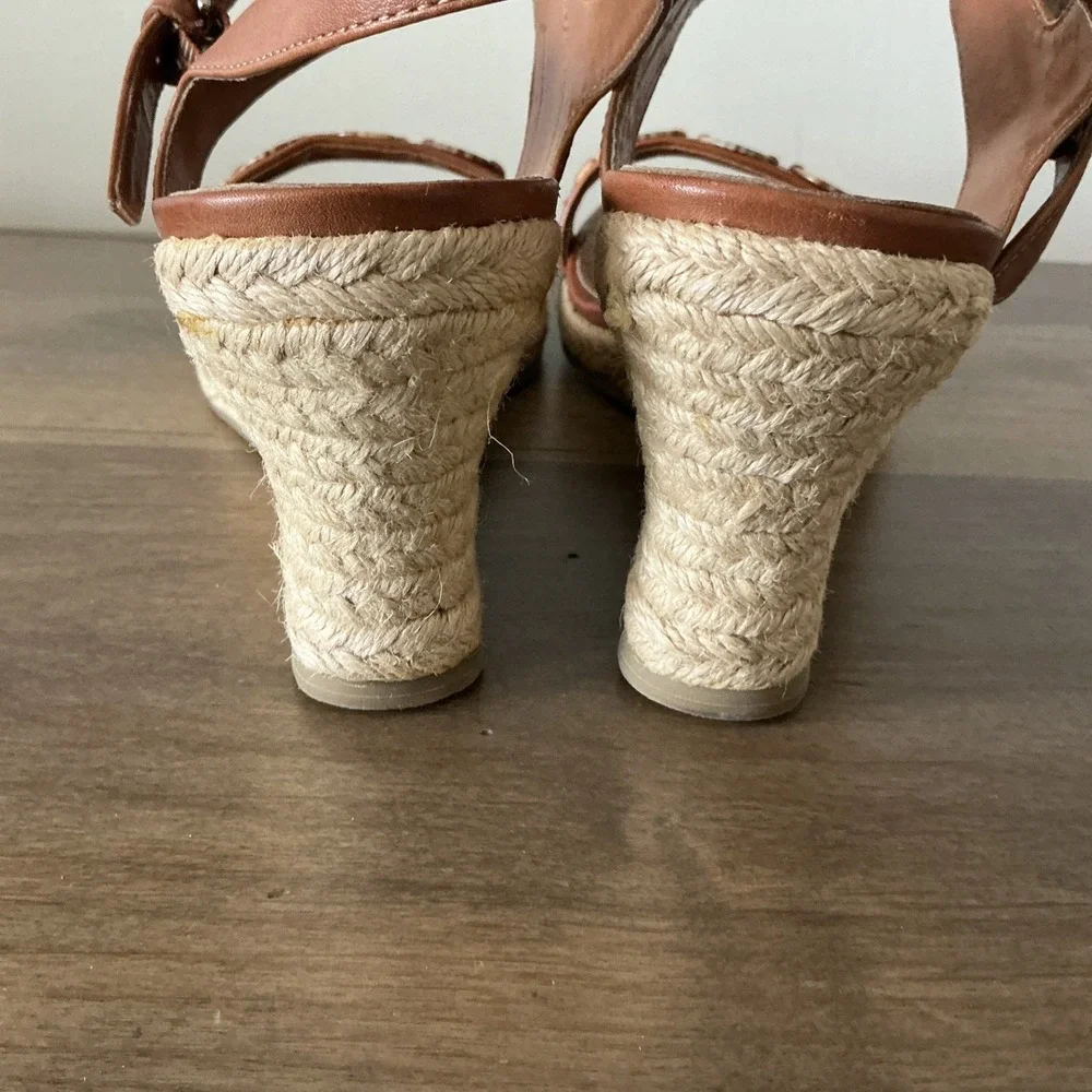 Coldwater Creek Wedge Espadrille Brown Leather Sandal Size 9
